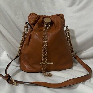 Aldo Brown Faux Leather Shoulder Bucket Hobo Bag with Gold Chain Pull Cord